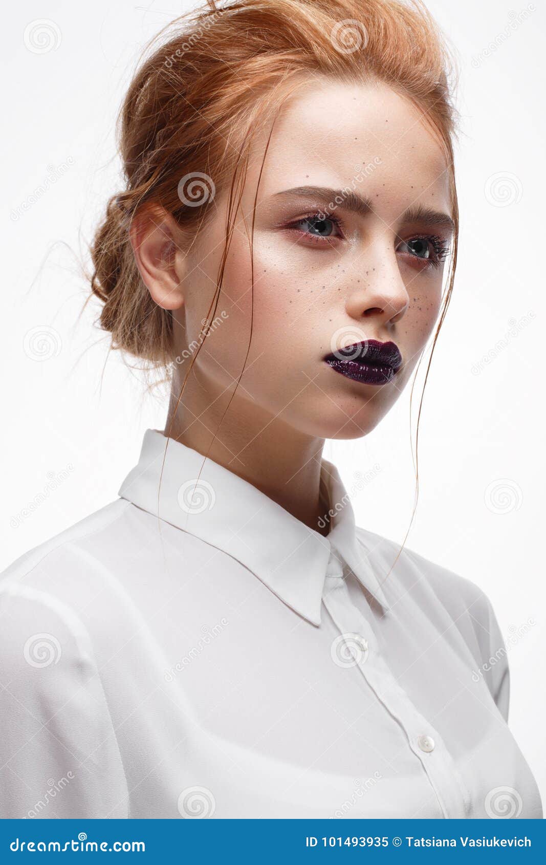 Young Girl with a Haircut in a White Shirt. Beautiful Model with Nude Make- up and Bright Lips Stock Image - Image of redhaired, light: 101493935