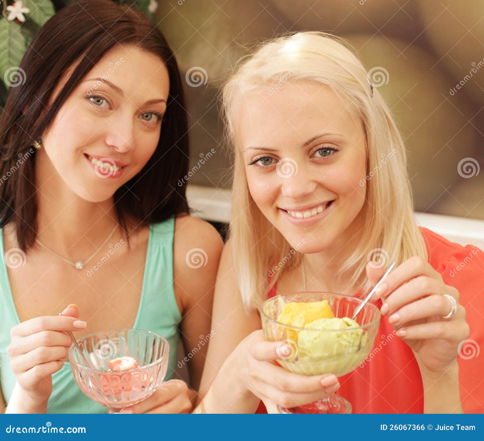 Young Girl Having Coffee Break and Eating Ice Cream Stock Photo Image