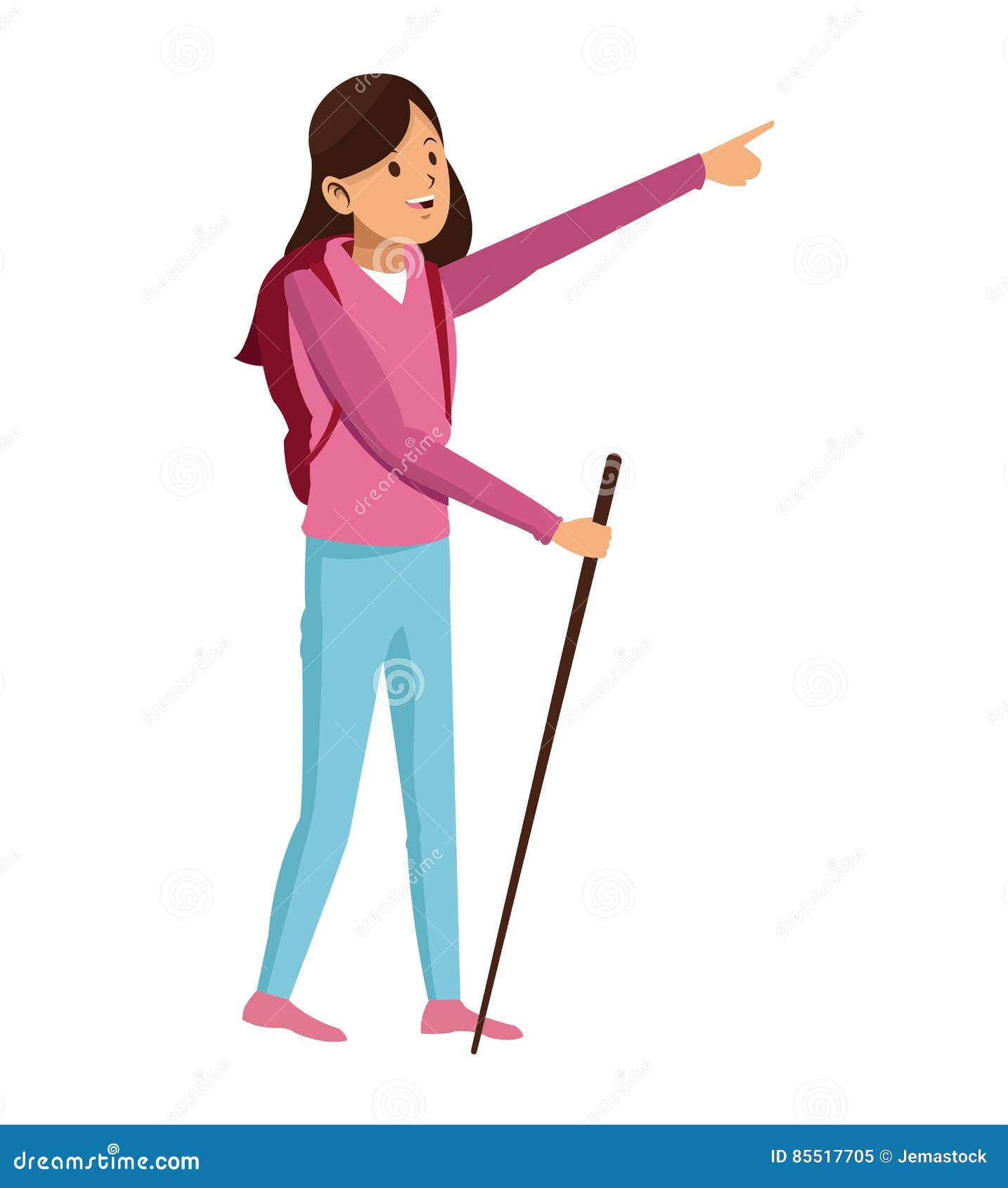 young girl hiking backpack with walking stick