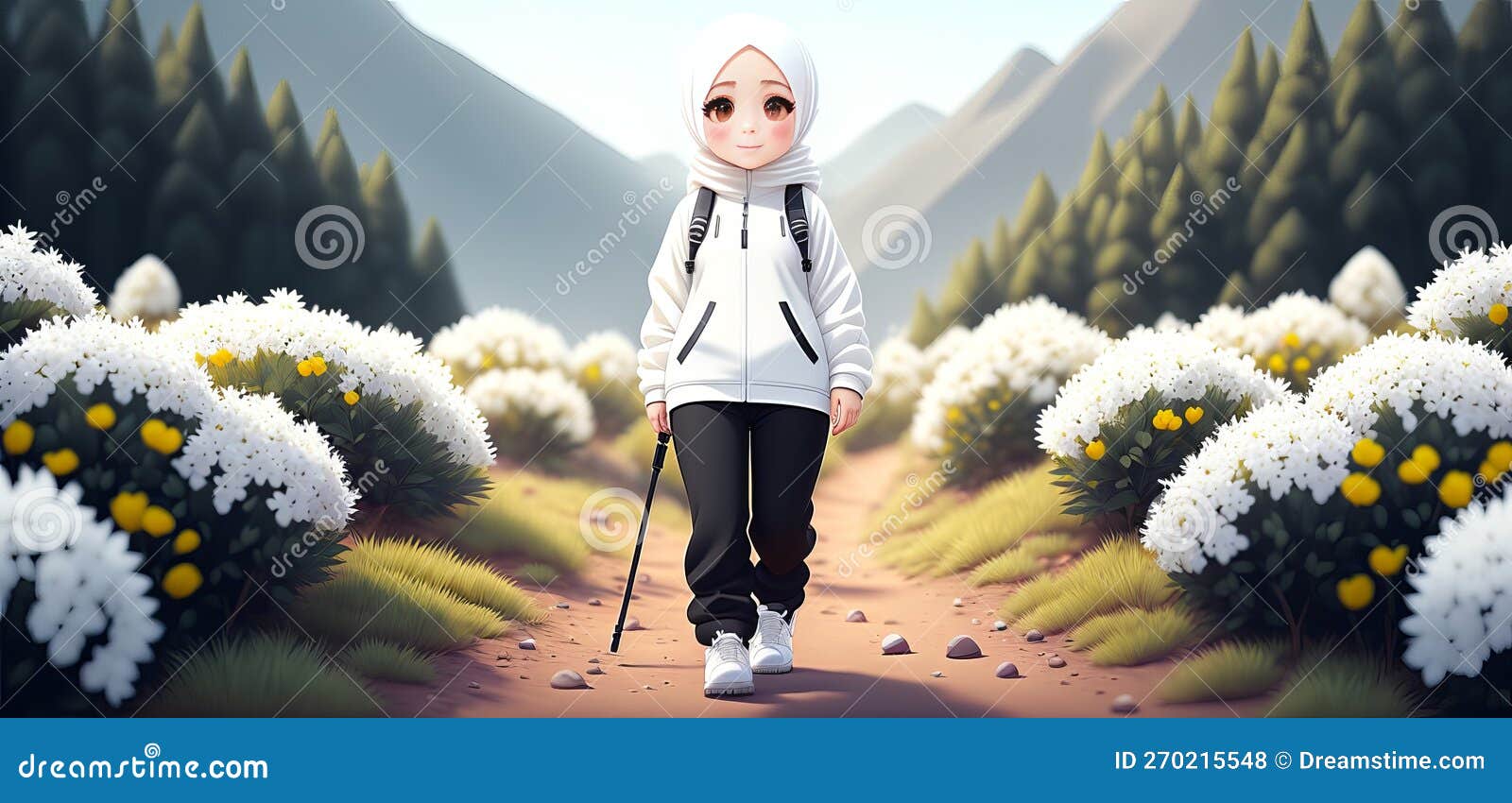 a young girl hiking on a path dressed in a white hijab, white jacket and black pants