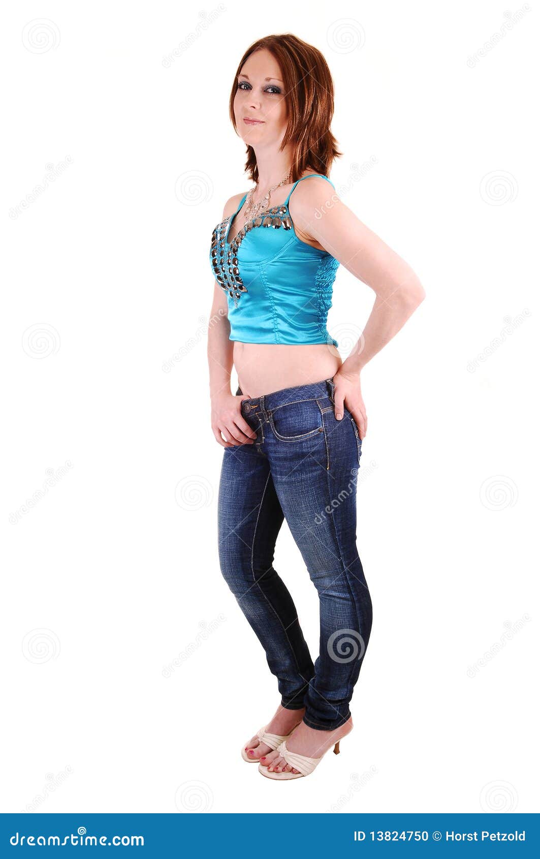 953px x 1300px - The Young Girl In Jeans And Blue Top. Stock Photo - Image of ...