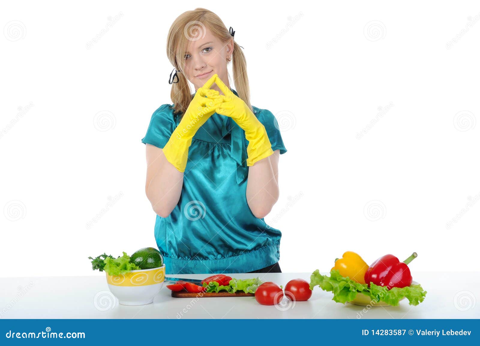 Young Girl in the Kitchen with Rubber Gloves Stock Image Image of