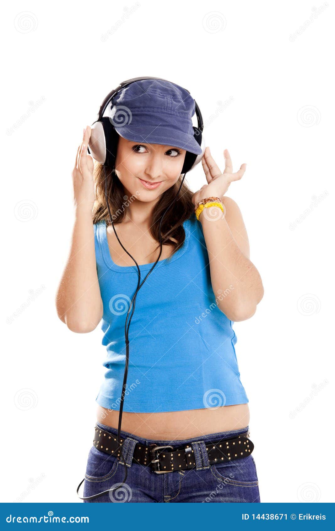 Young girl listen music stoc
