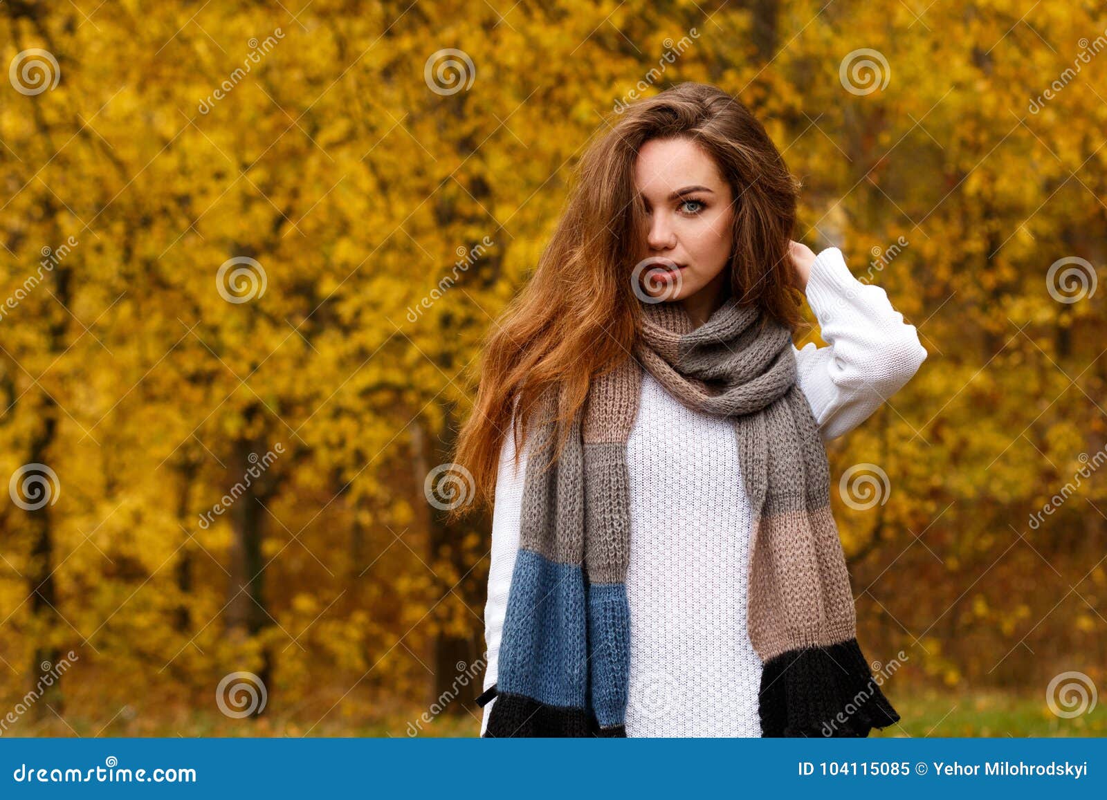 Young Girl with Long Brown Hair in Autumn Park Stock Image - Image of ...