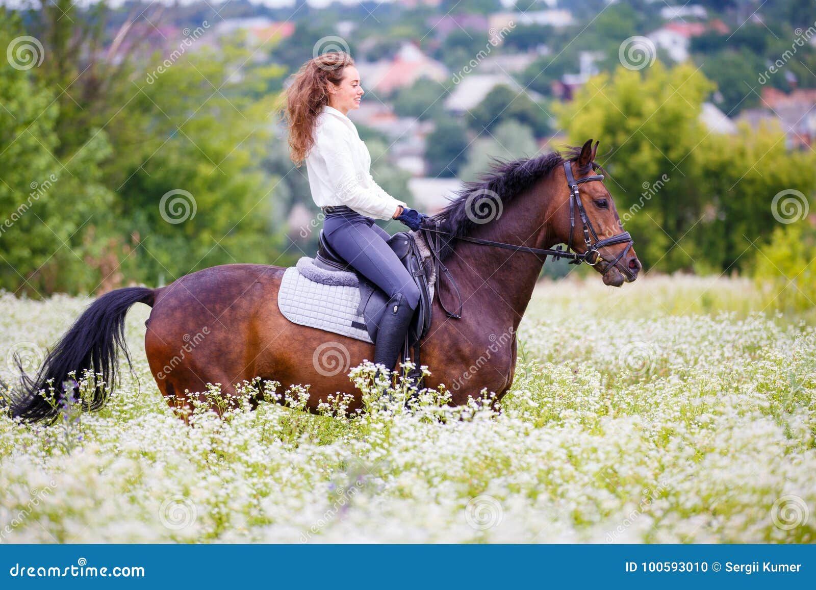 Young Girl with Long Hair Riding Horse on Field Stock Photo - Image of  canter, cowgirl: 100593010