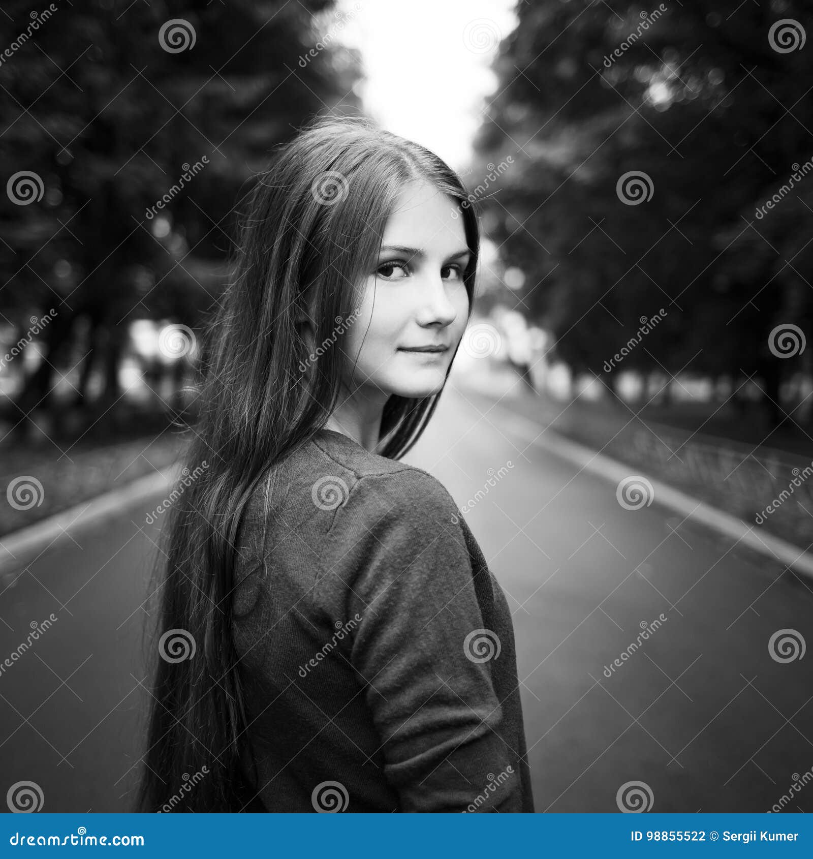 Young Girl with Long Hair Standing on the Road Stock Photo - Image of ...