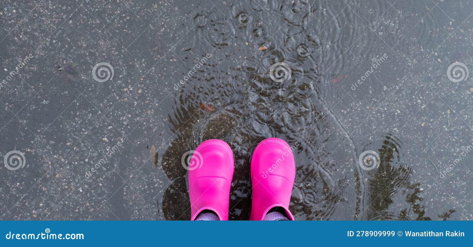 Young Girl in Pink Rubber Boots Jump on the Puddle in the Rain Stock ...