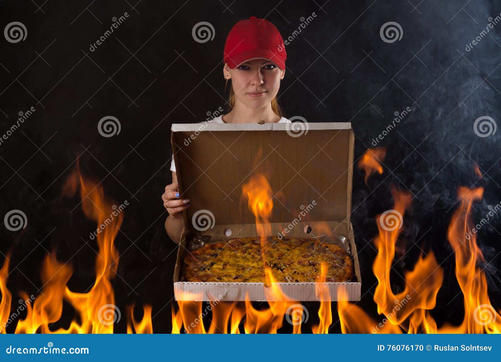Young Girl with Pizza Box on Fire Stock Photo Image of offer, fire