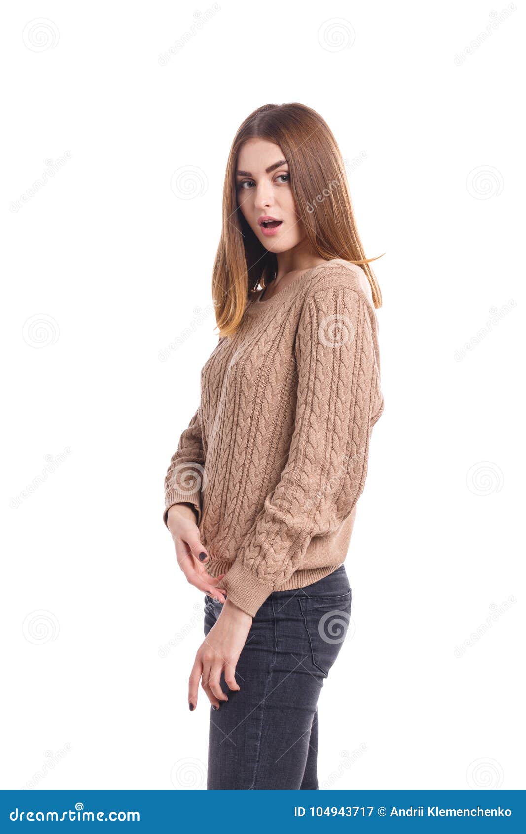 A Young Girl Poses Sideways with Her Mouth Open. Isolated on White ...