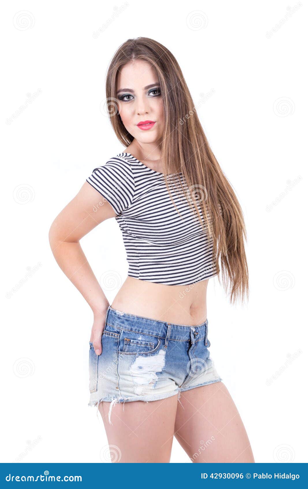 Young Girl Posing Wearing Denim Shorts and Crop Stock Photo - Image of ...