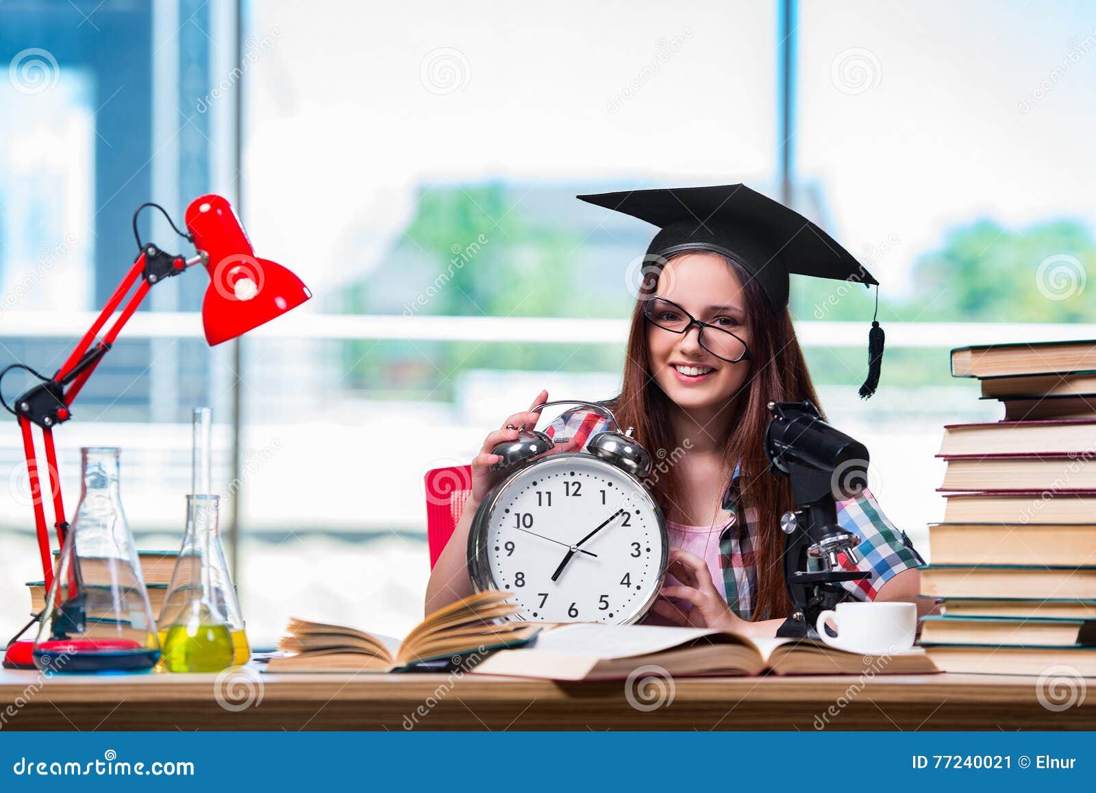 The Young Girl Preparing for Exams with Large Clock Stock Image Image