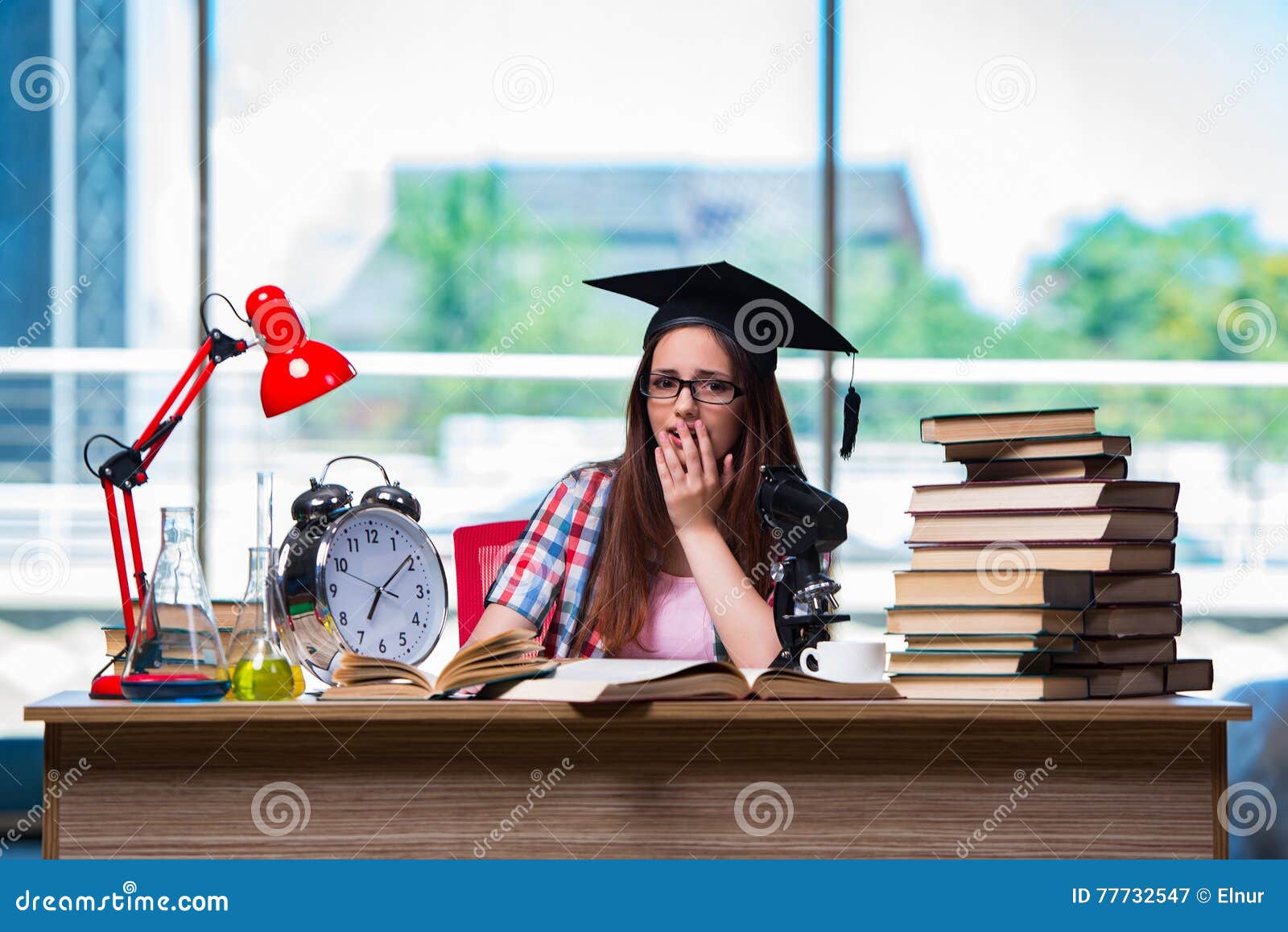 The Young Girl Preparing for Exams with Large Clock Stock Image Image