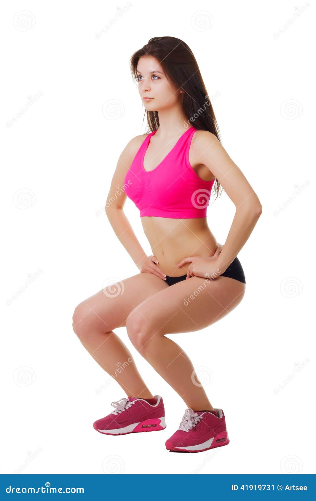 Young Girl in Short Shorts and a Sports Shirt Performs Squats. Stock Image  - Image of healthy, female: 41919731