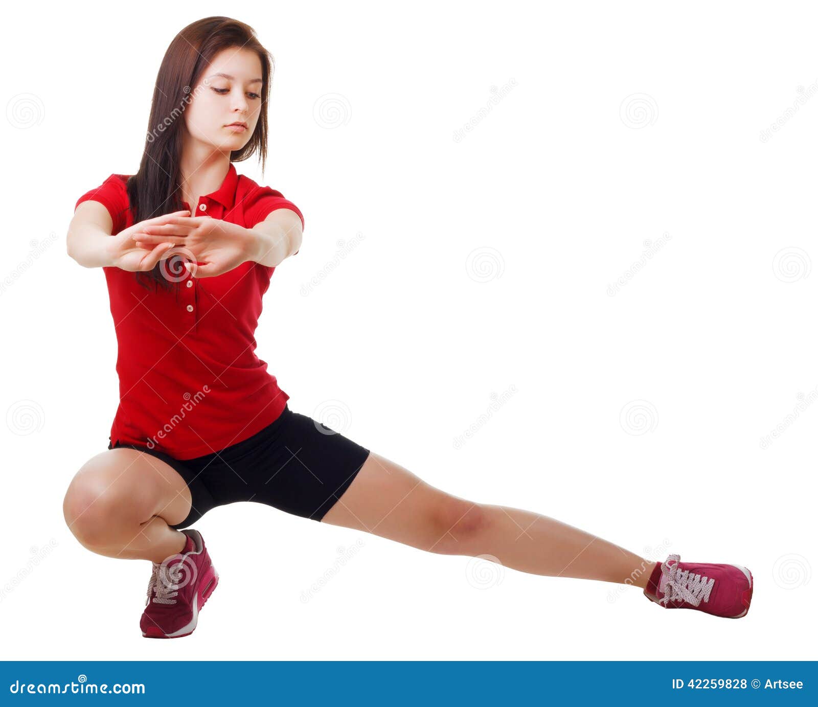Young Girl in Short Shorts and a Sports Shirt Performs Squats. Isolated  Stock Photo - Image of caucasian, attractive: 42259828