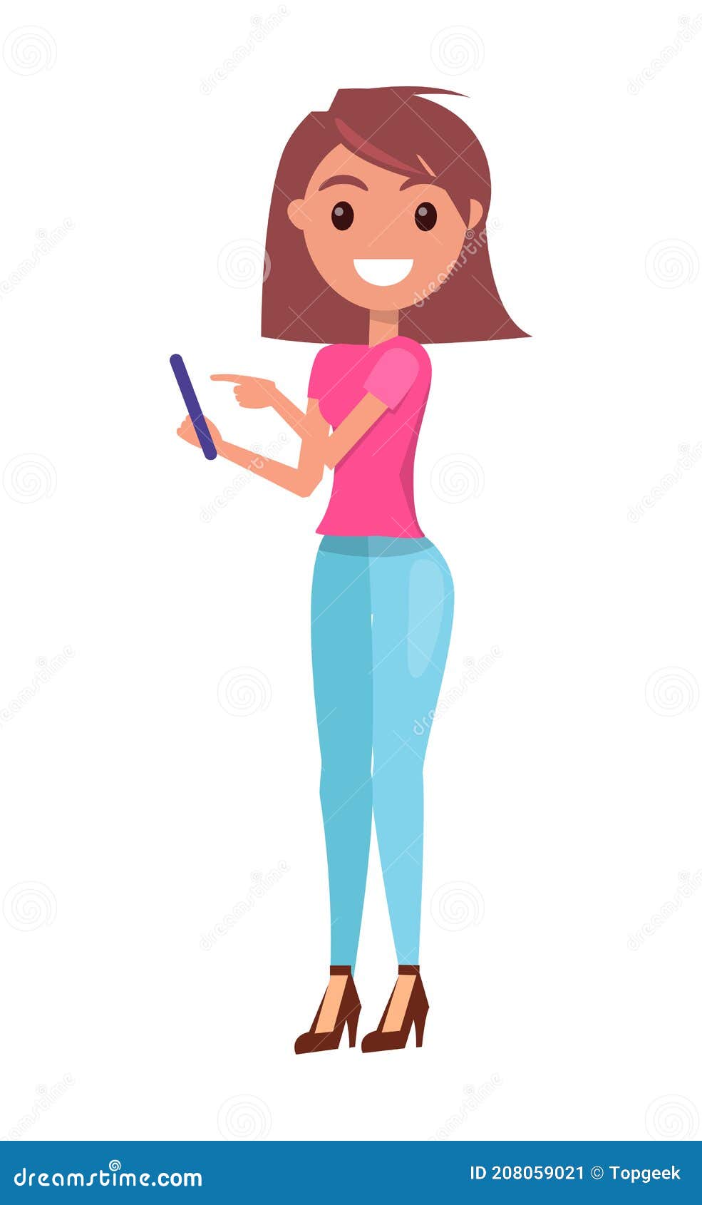 Young Girl Stands in 3 4 Pose and Holds Smartphone. Modern Style