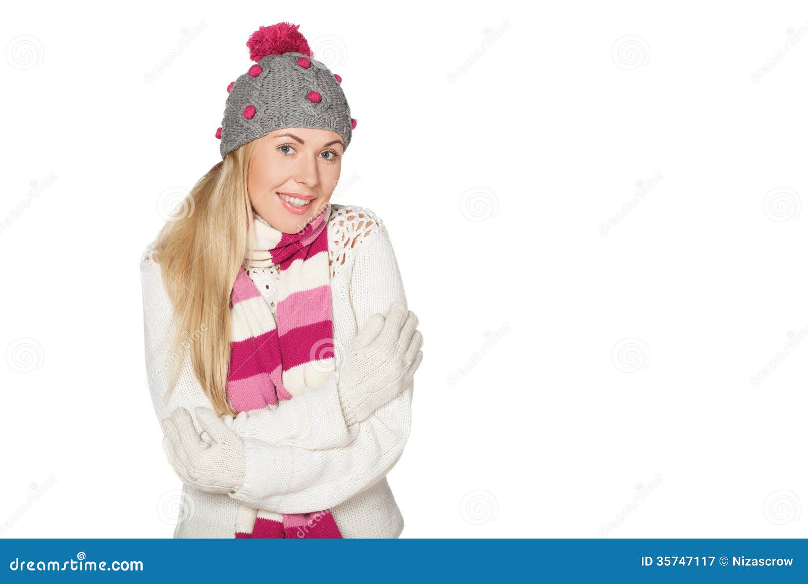 Young Girl In Sweater, Hat, Scarf And Mittens. Royalty Free Stock ...