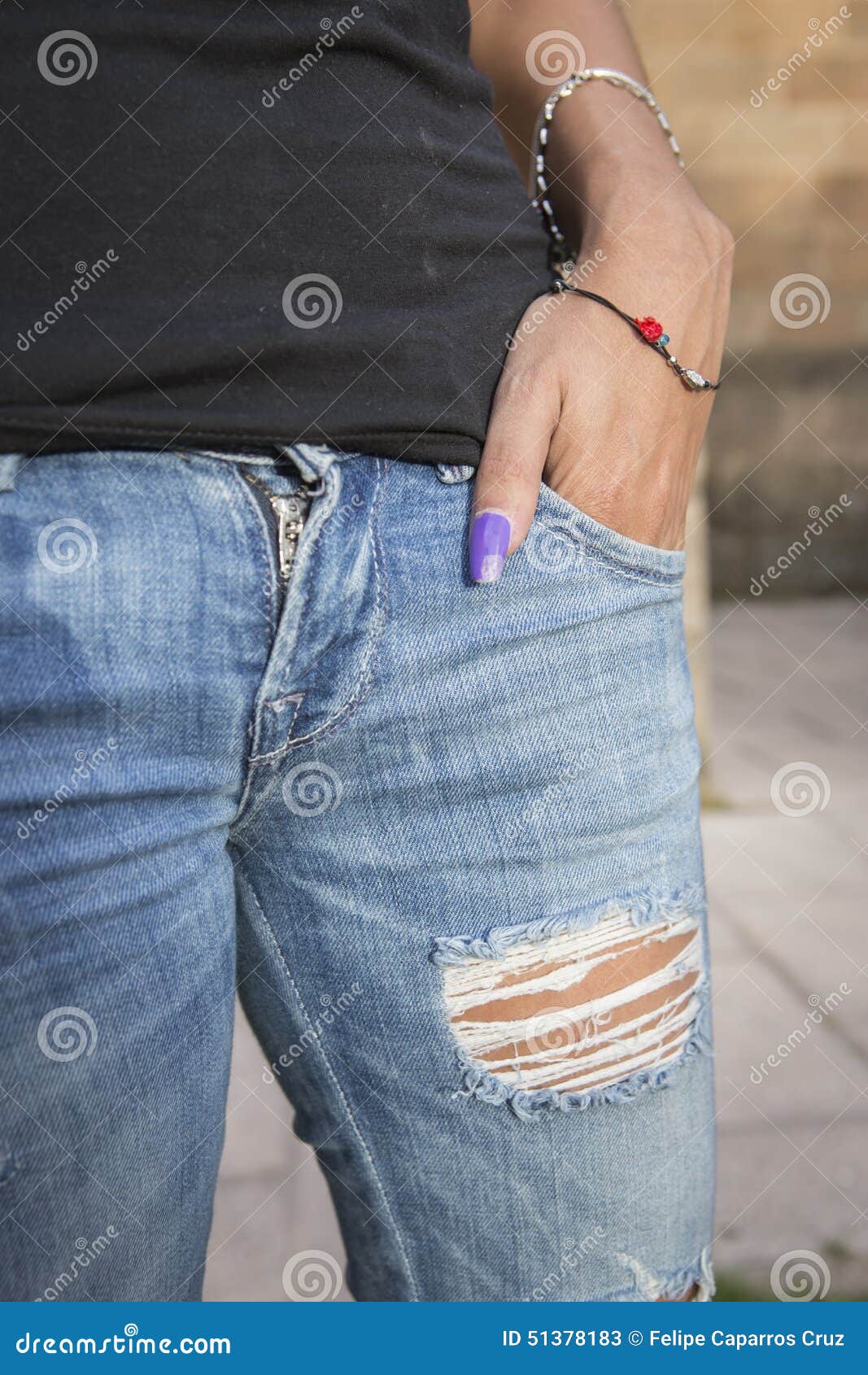 Young Girl in the Torn Jeans Stock Image - Image of body, insulated ...