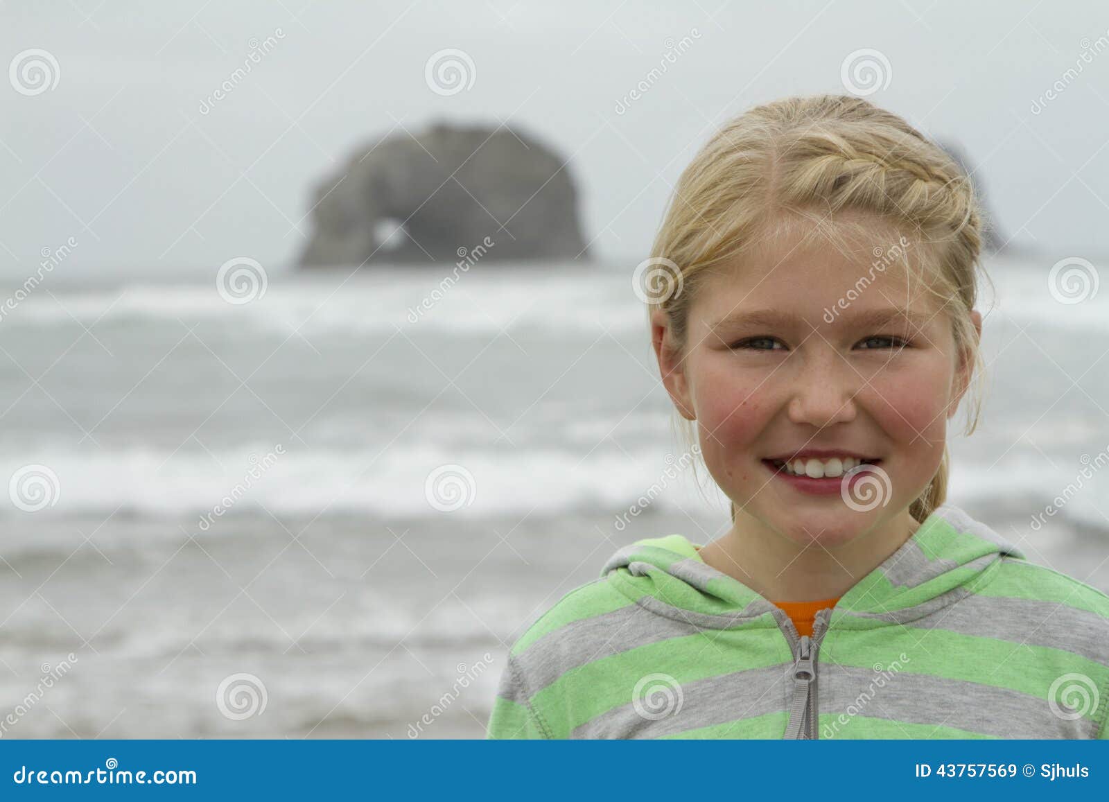 Young Girl by Twin Rocks on Rockaway Beach Oregon Stock Image - Image ...