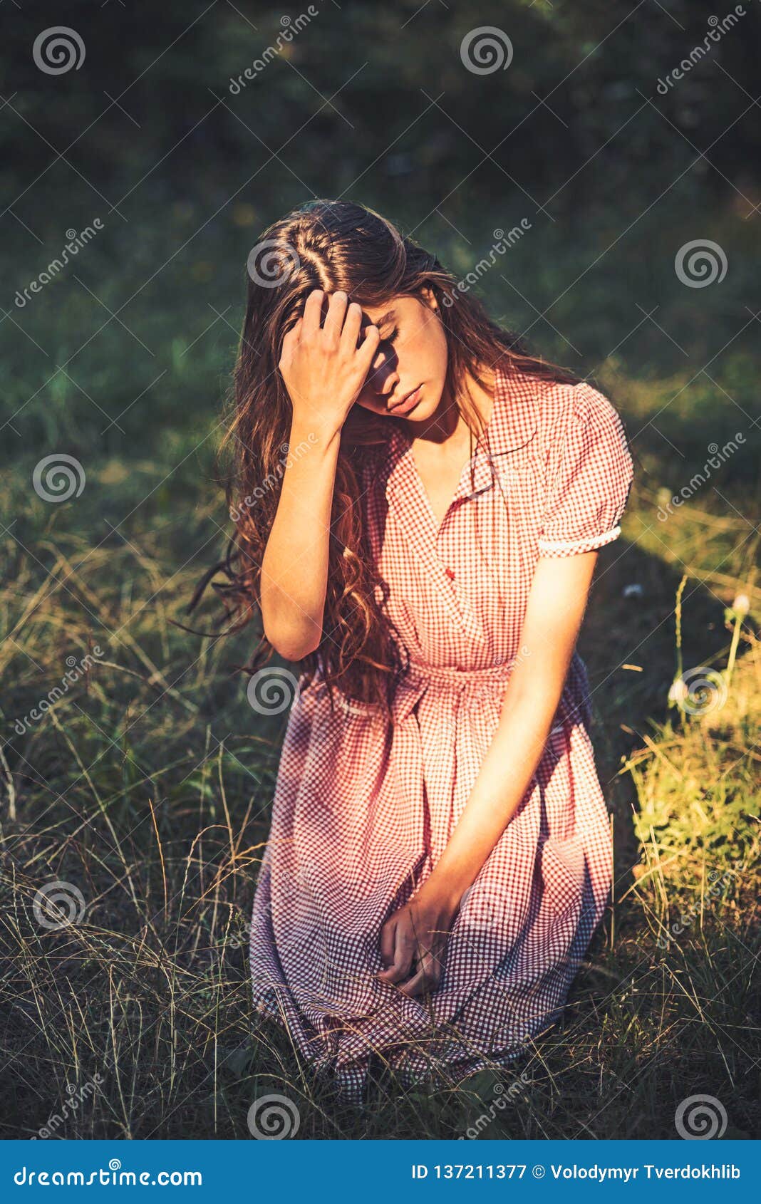 Young Girl In Vintage Dress Sitting On Grass Brunette Cov