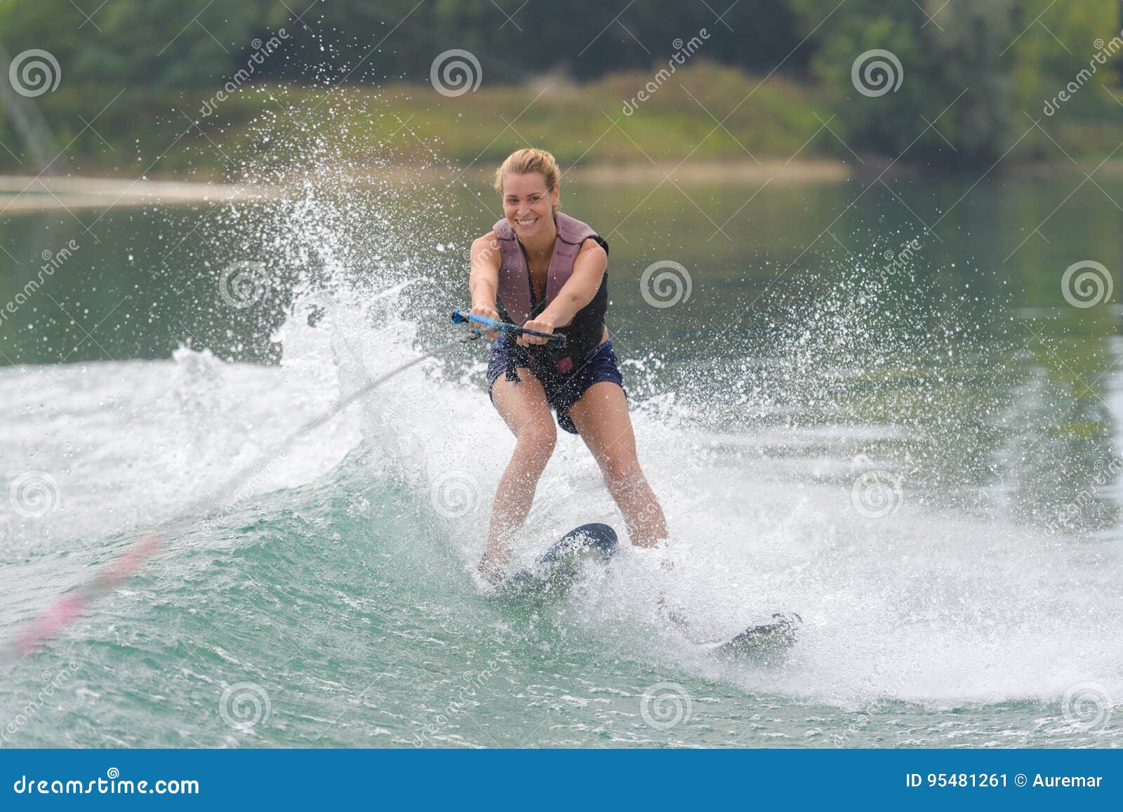 Young Girl Water Skiing on Slalom Course Stock Image Image of girl