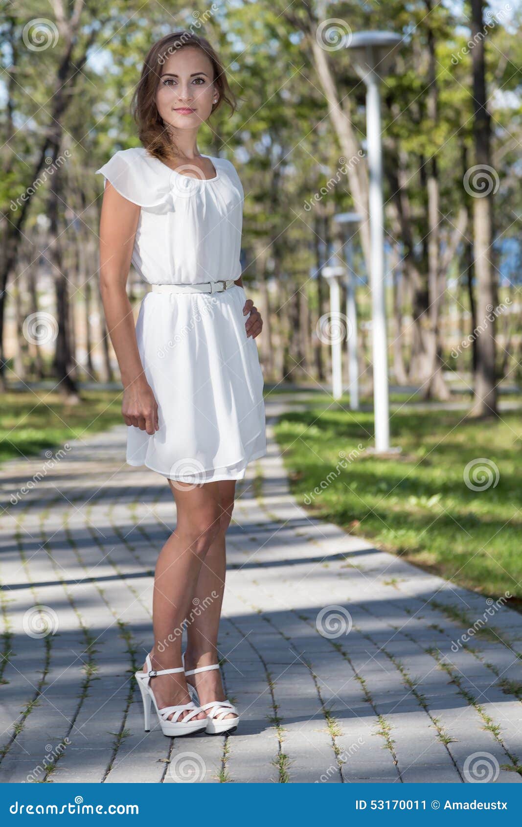 Young Girl in White Dress Standing Stock Image - Image of feminine ...