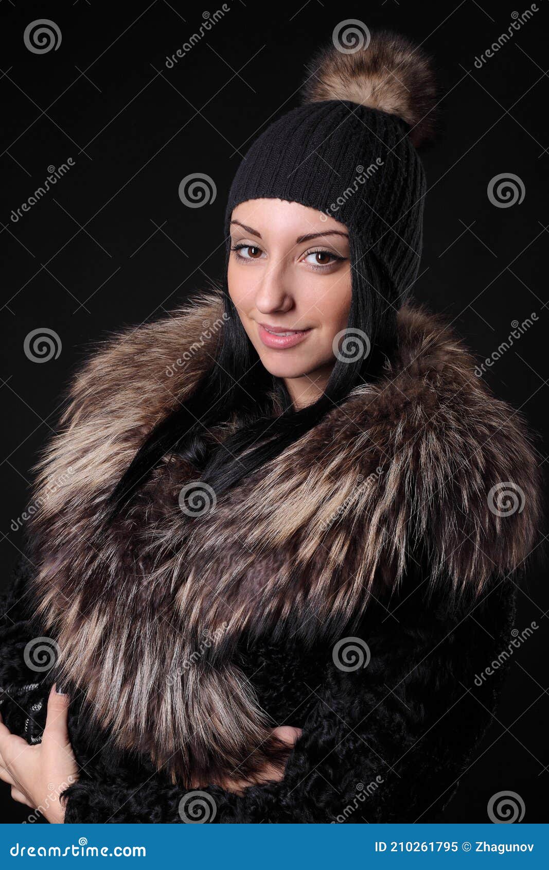 Young Girl in Woolen Hat and Fur Coat Stock Image Image of fashion