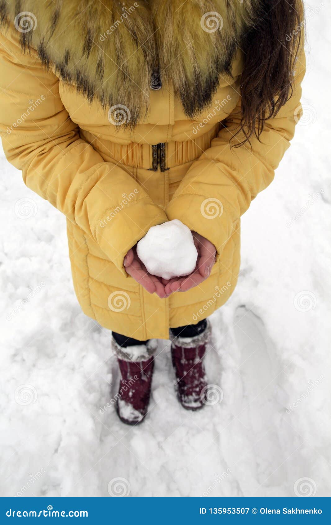 Young Girl Holding a Snowball in Her Hands in the Winter Park Stock ...