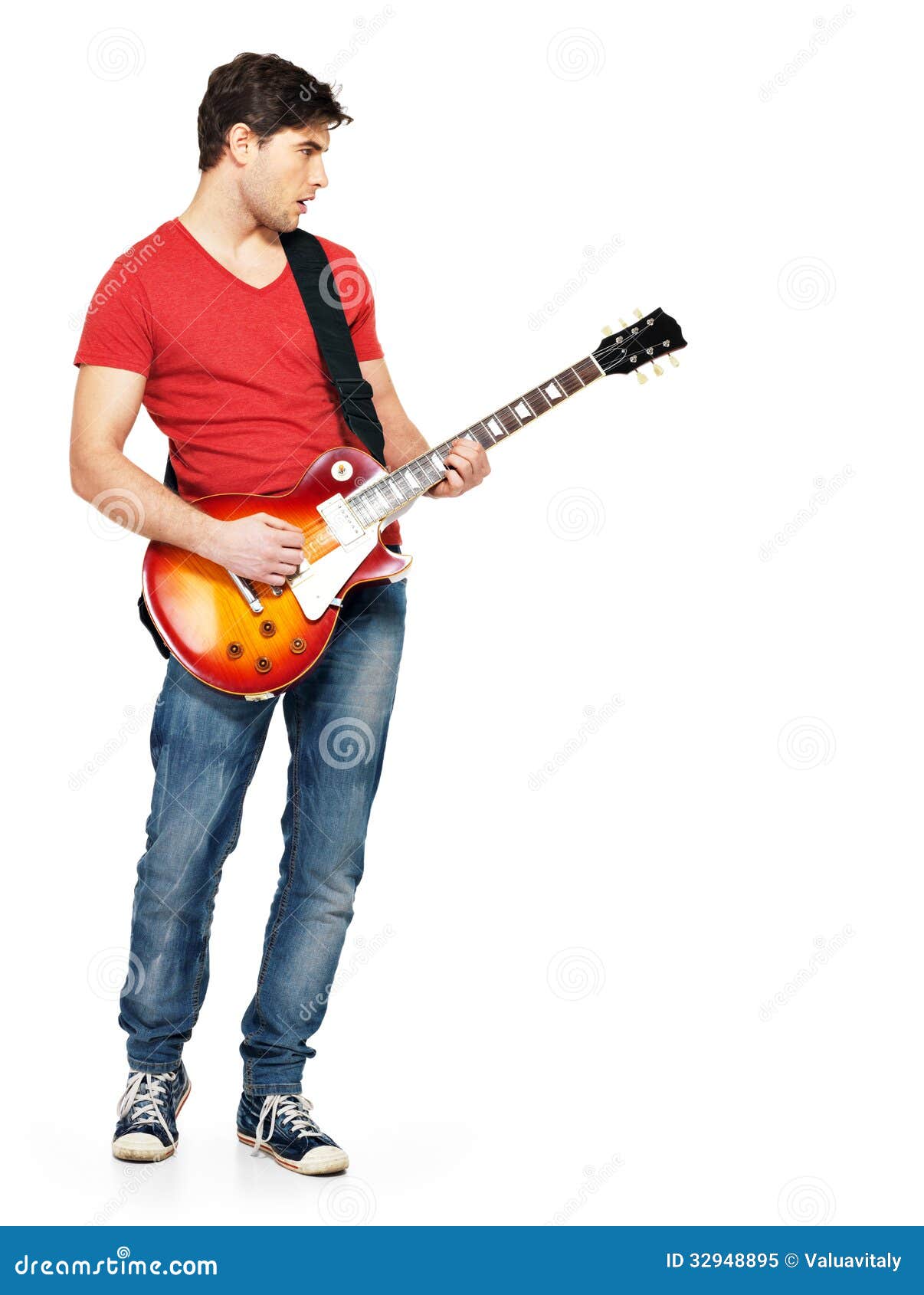 Cool Pose Of A Young Man Playing Electric Guitar Isolated On White  Background Stock Photo, Picture and Royalty Free Image. Image 40239981.