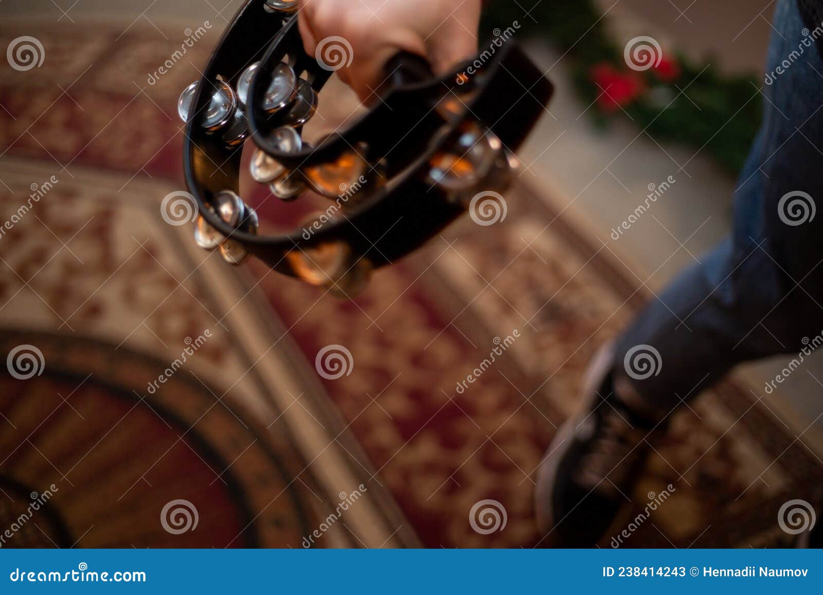 A Young Guy with a Beard Plays the Tambourine Stock Image Image of