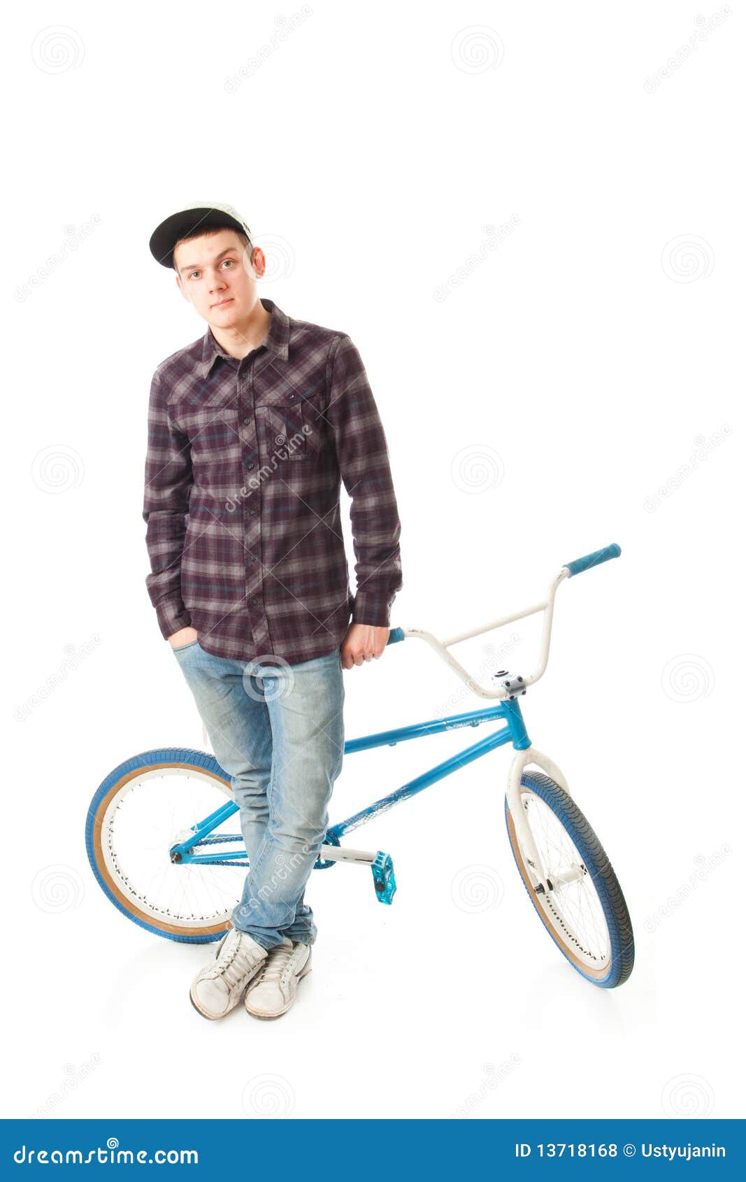The Young Guy with a Bicycle Isolated on a White Stock Photo - Young Guy Bicycle IsolateD White 13718168
