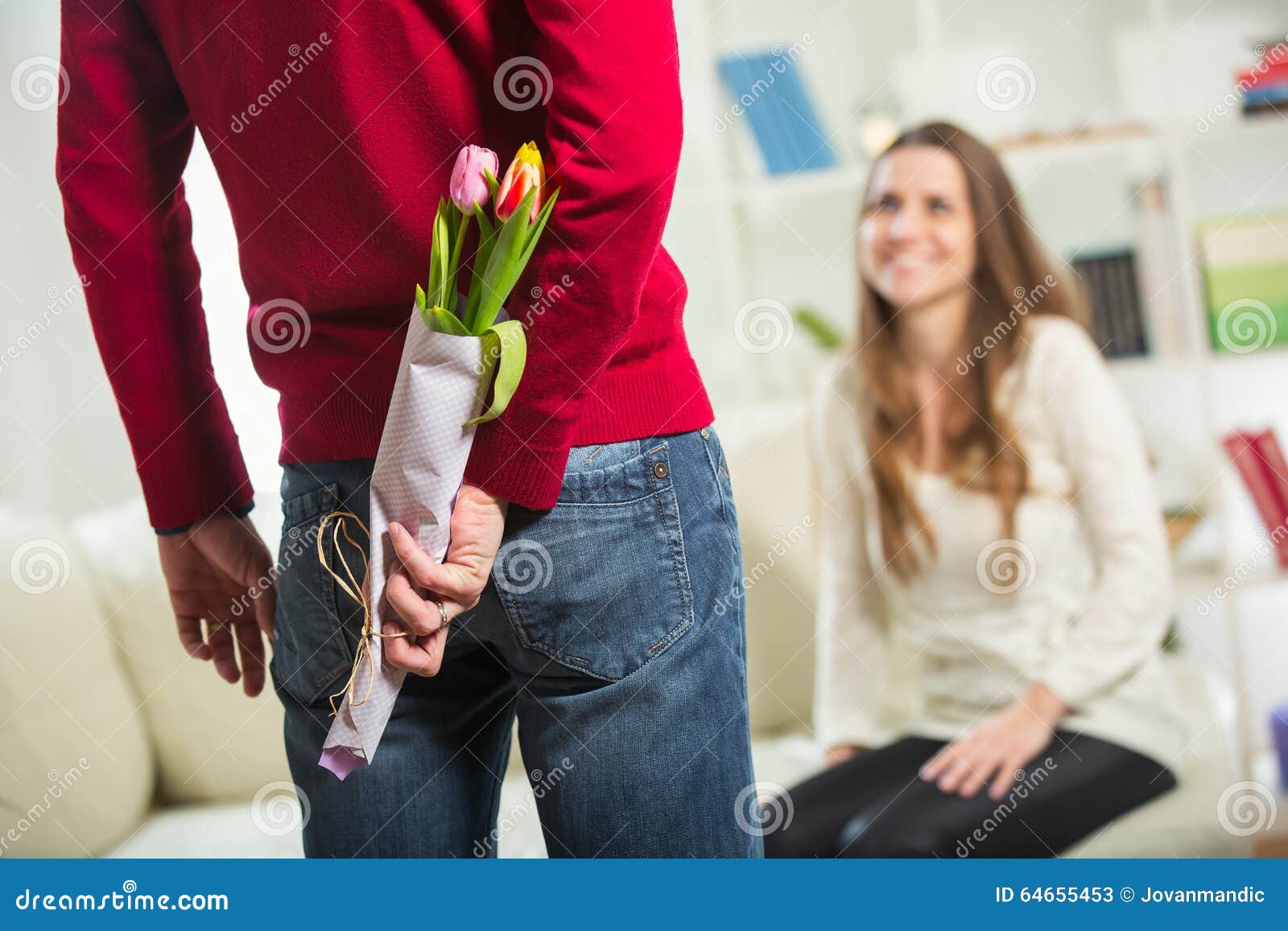 Young Guy Brings Flowers To His Girlfriend Stock Image Image of