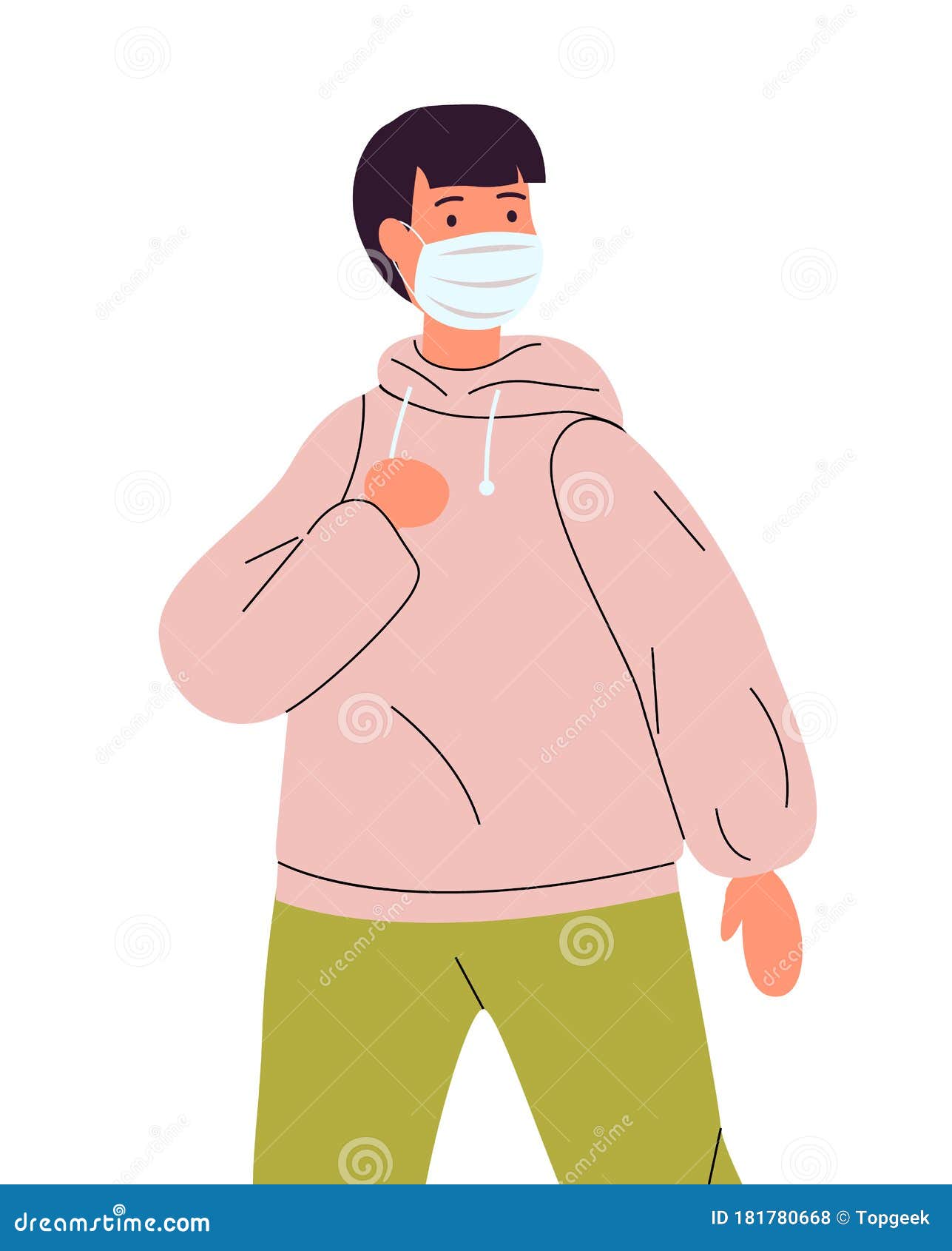 Young guy in hoodie wearing face medical mask protecting from virus pandemia, safety and health. Vector illustration of young man in hoodie wearing face medical mask. Viral pandemic, protection against infection of covid19. Coronavirus 2019-ncov flu. Respiratory protection from virus pandemia