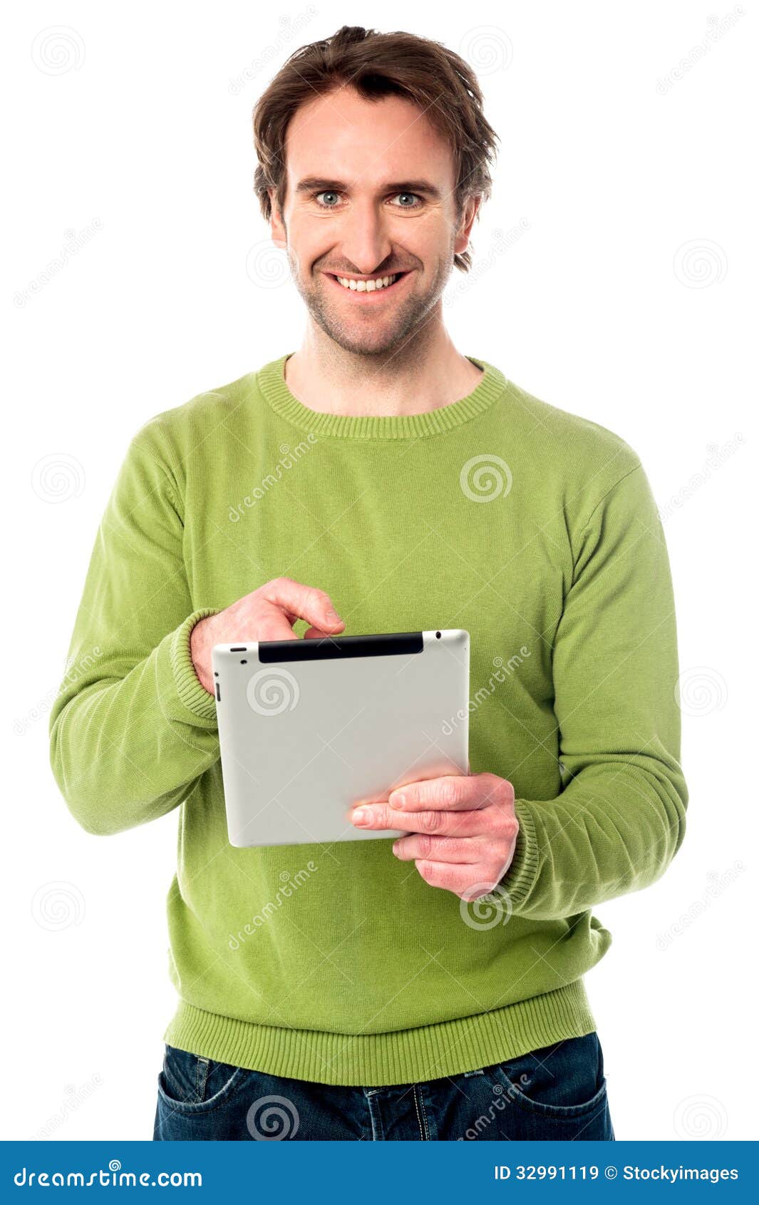 Young Guy Operating Tablet Device Stock Image Image of electronic