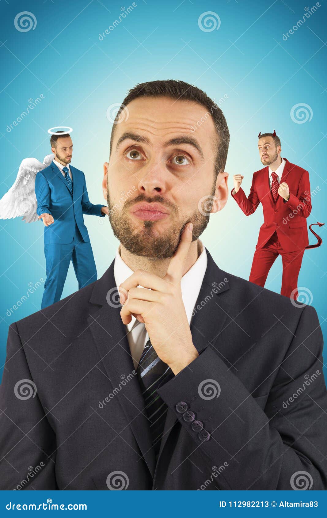 businessman with angel and devil on his shoulders.