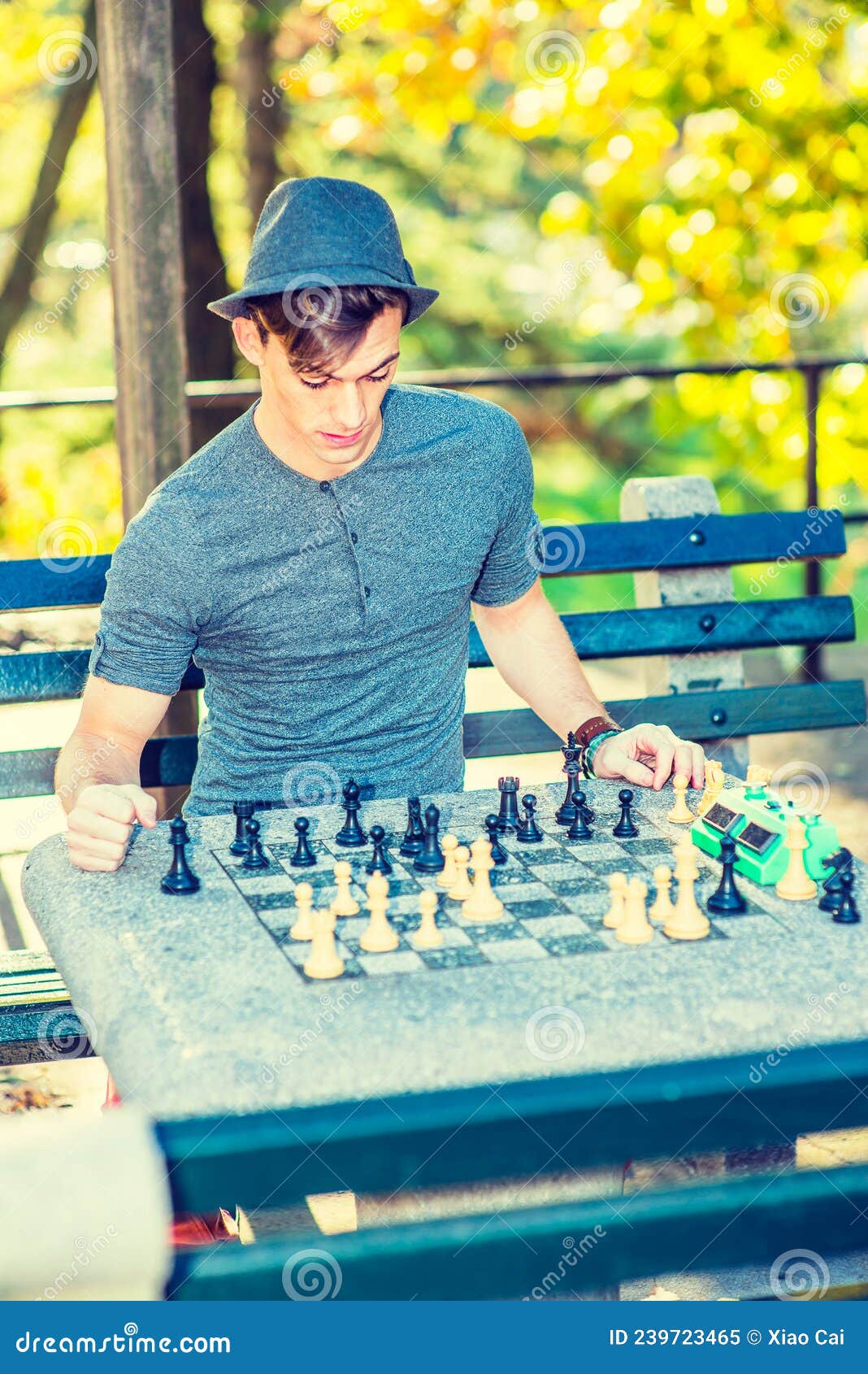 Premium Photo  Young bearded man in sunglasses sitting on a wooden park  bench planning his next chess move