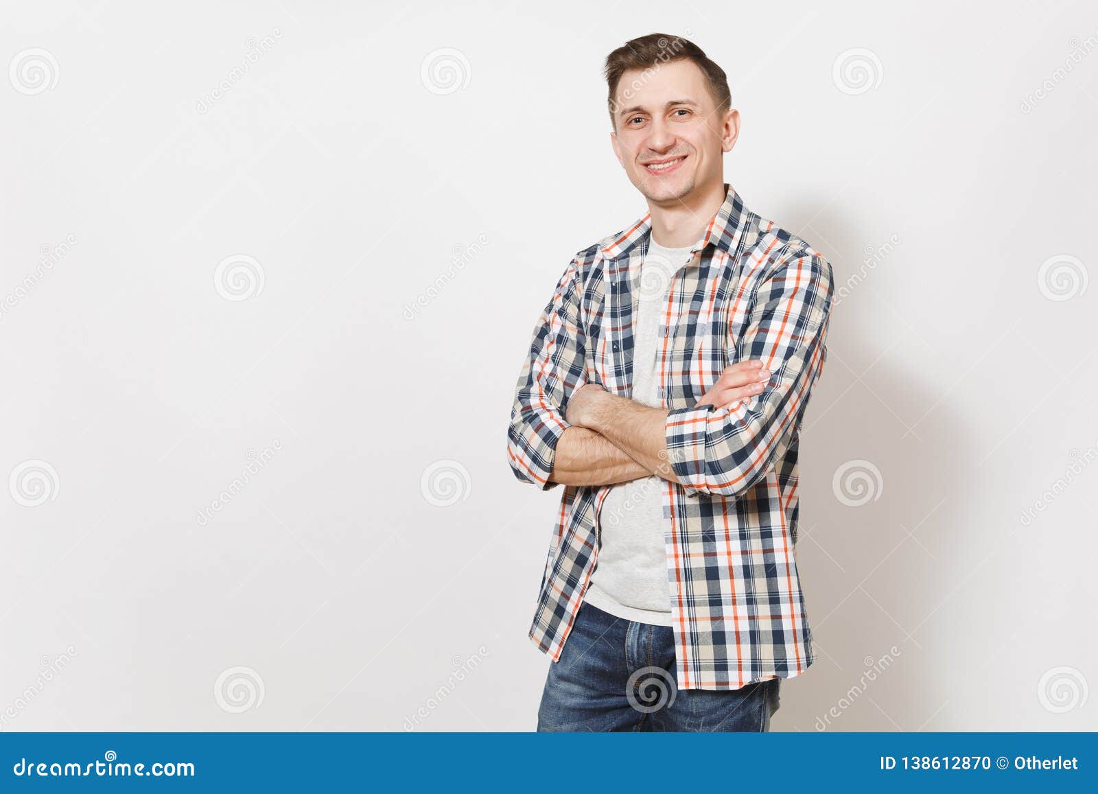 Young Handsome Happy Smiling Man in Gray T-shirt, Blue Jeans, Checkered ...