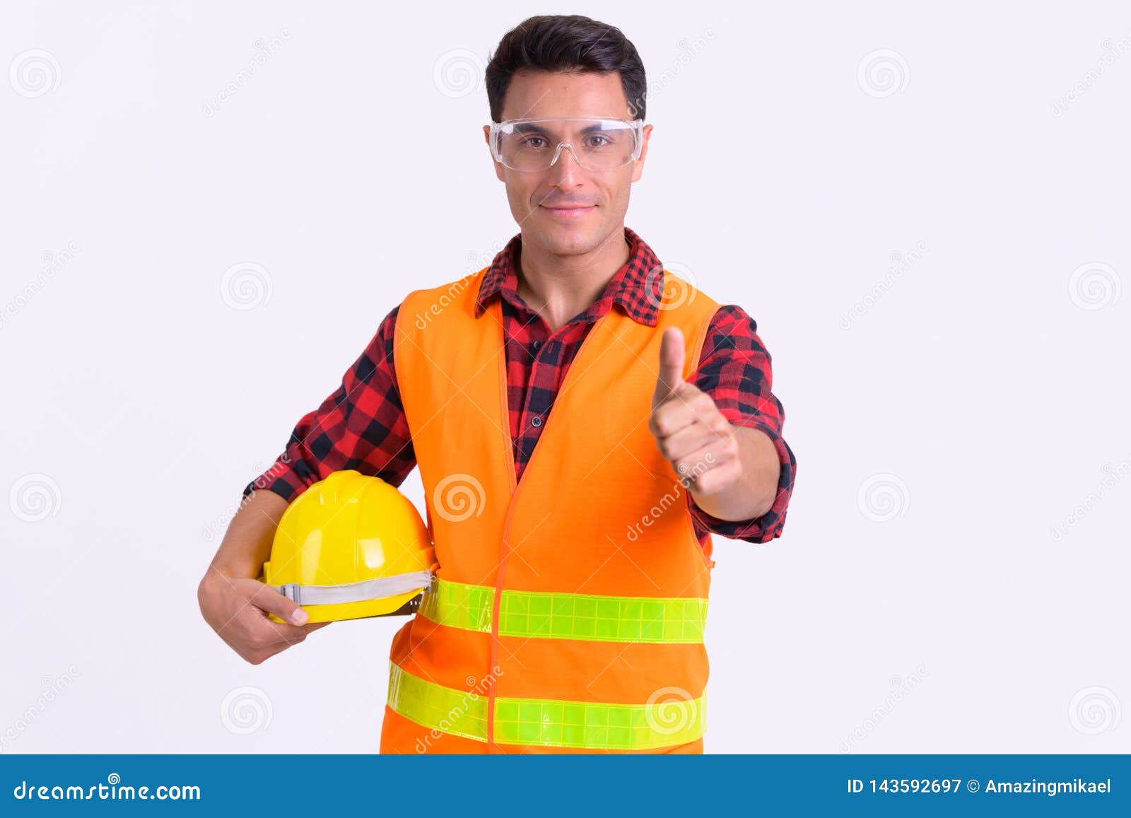 Young Handsome Hispanic Man Construction Worker Giving Thumbs Up Stock ...
