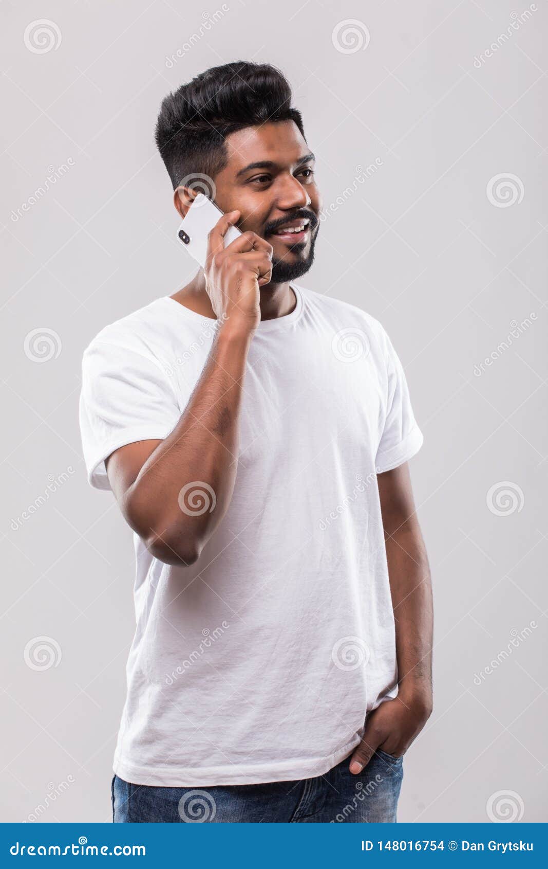 Young Handsome Indian Man Talking on Mobile Phone on White Background ...