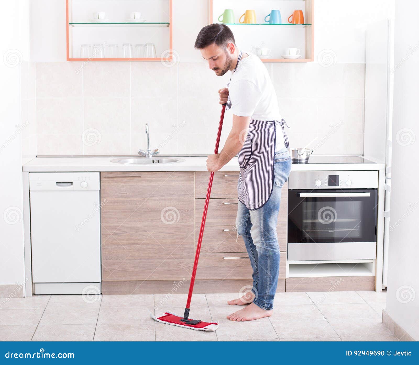 Man Mopping Floor in Kitchen Stock Photo Image of kitchen
