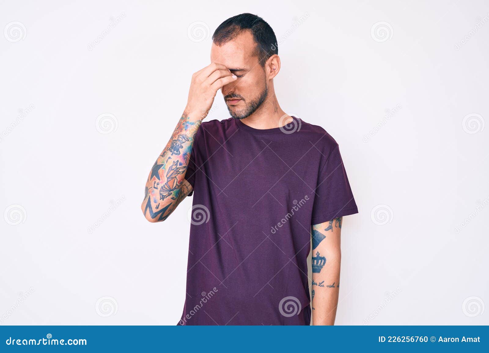 Young Handsome Man with Tattoo Wearing Casual Clothes Tired Rubbing Nose  and Eyes Feeling Fatigue and Headache Stock Photo - Image of headache,  health: 226256760