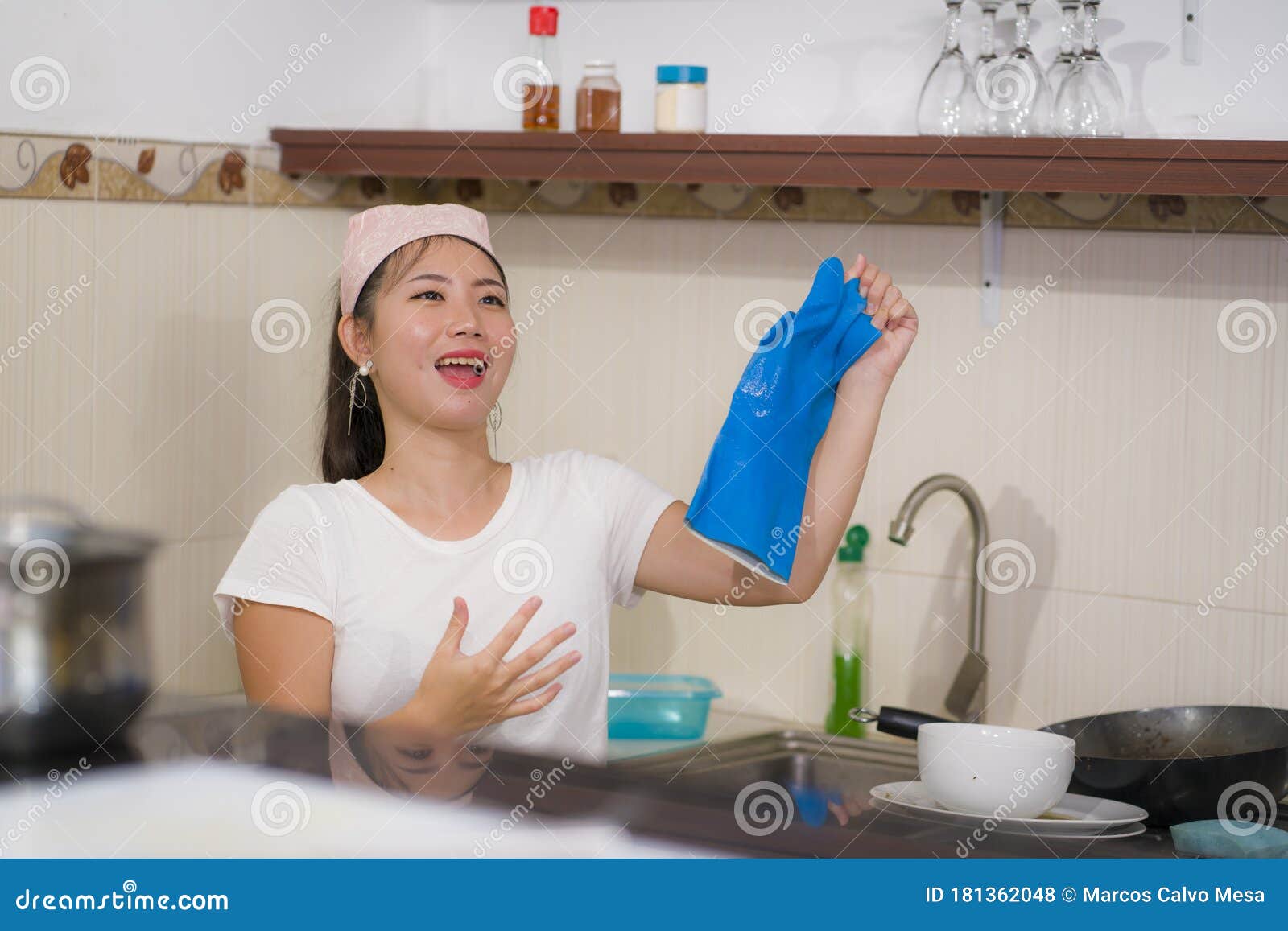 Young Happy Asian Woman Doing Domestic Chores Beautiful Sweet An