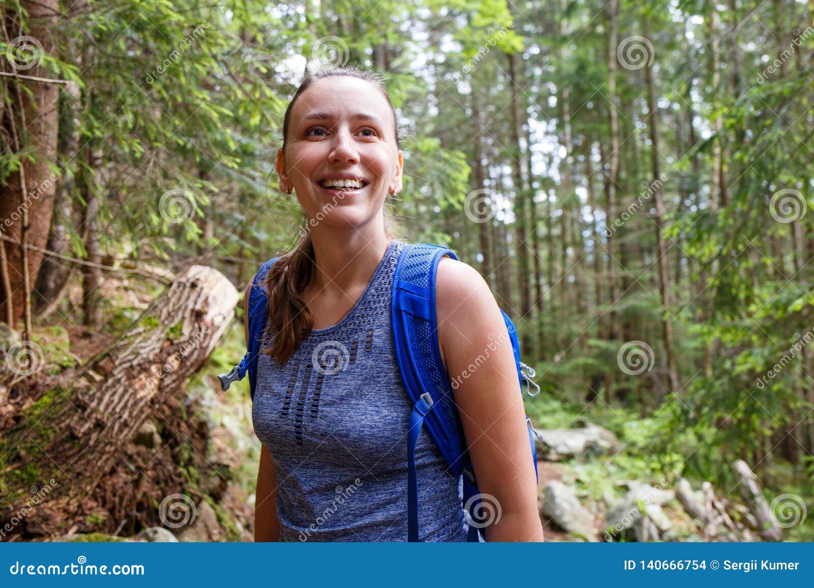 Young Happy Backpacker Woman Walking in Woods Stock Photo - Image of ...