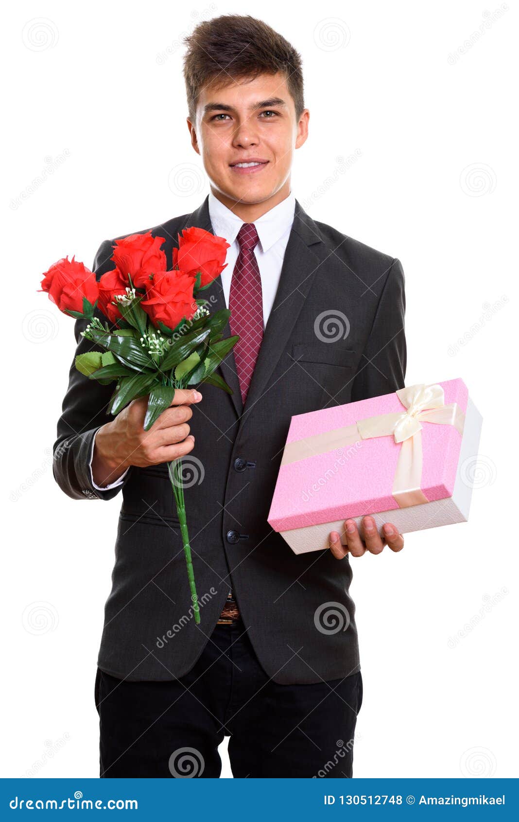Young Happy Businessman Smiling while Holding Red Roses and Gift Stock ...
