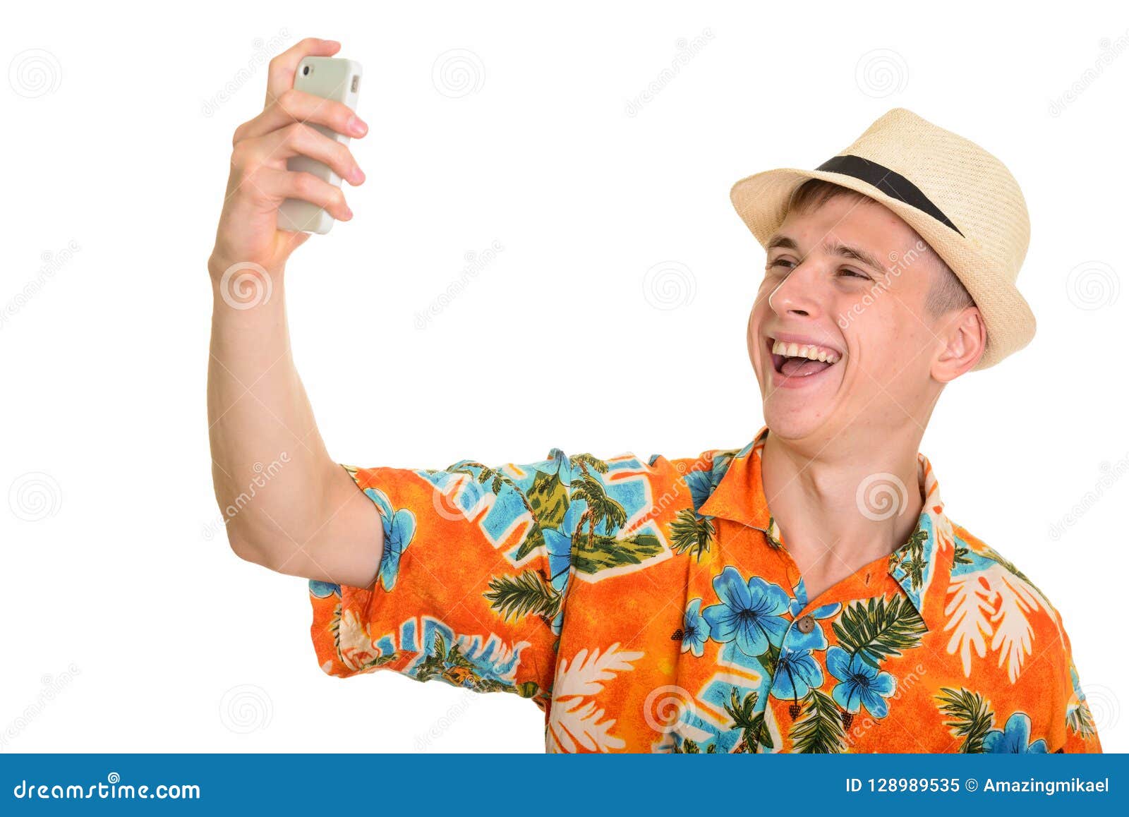 Young Happy Caucasian Man Smiling and Taking Selfie with Mobile Stock ...