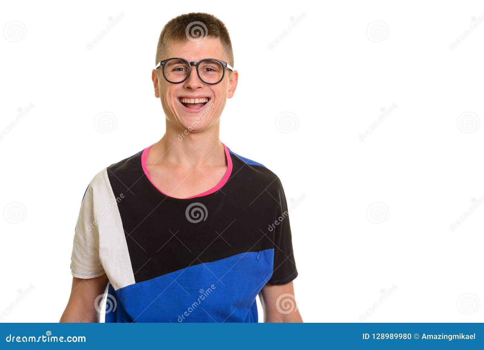 Young Happy Caucasian Nerd Man Smiling With Eyeglasses Stock Photo