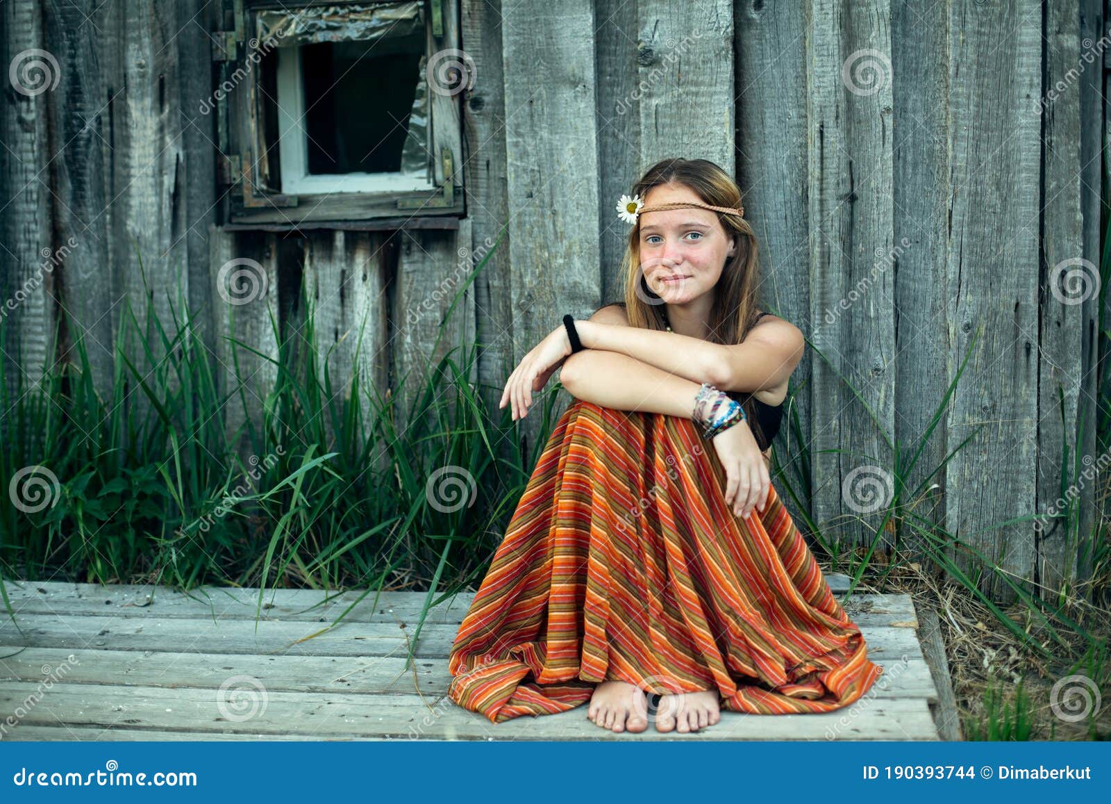 A Young Happy Hippie Girl, in the Village Stock Photo - Image of relax ...