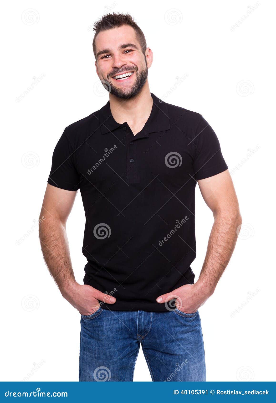 young happy man in a black polo shirt