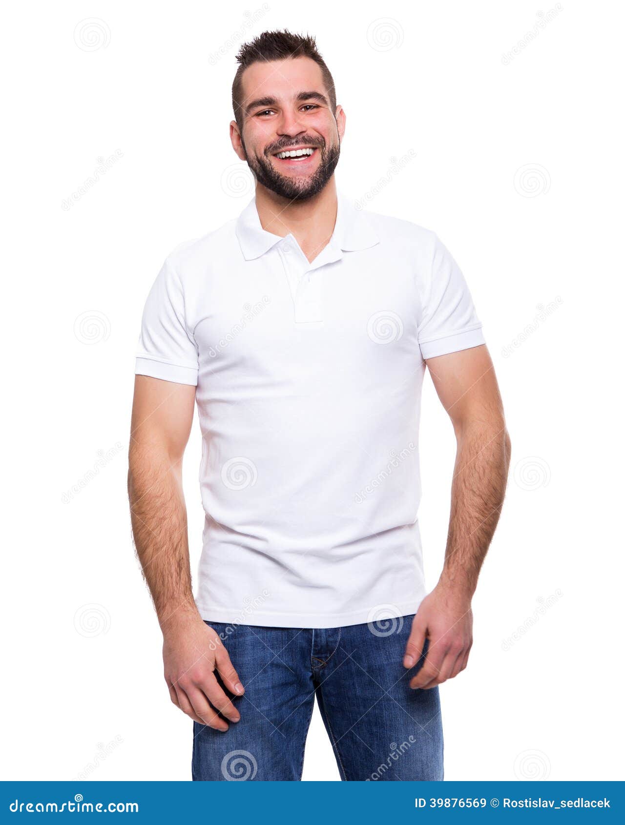 young happy man in a white polo shirt