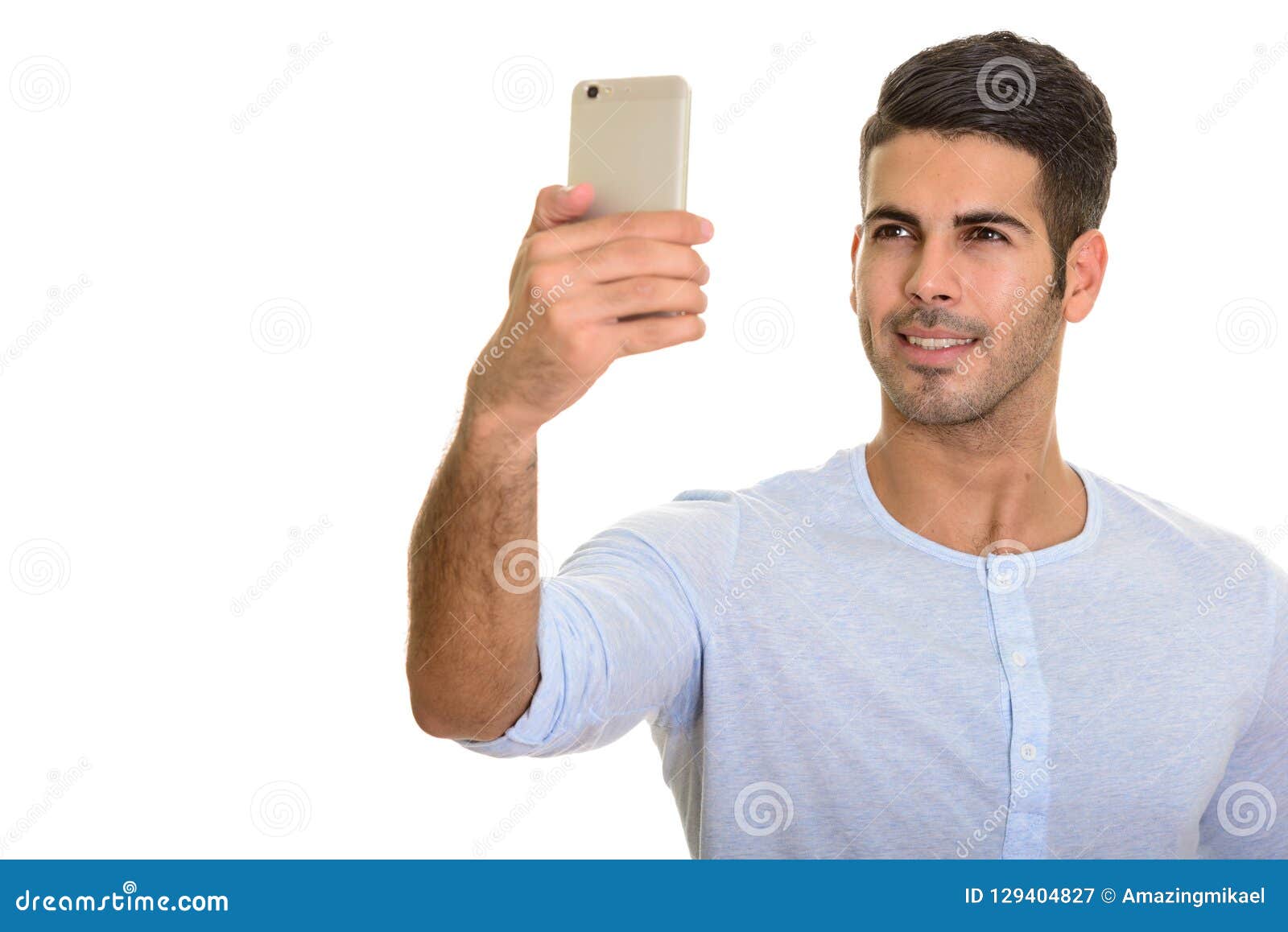 Young Happy Persian Man Smiling and Taking Selfie with Mobile Ph Stock ...