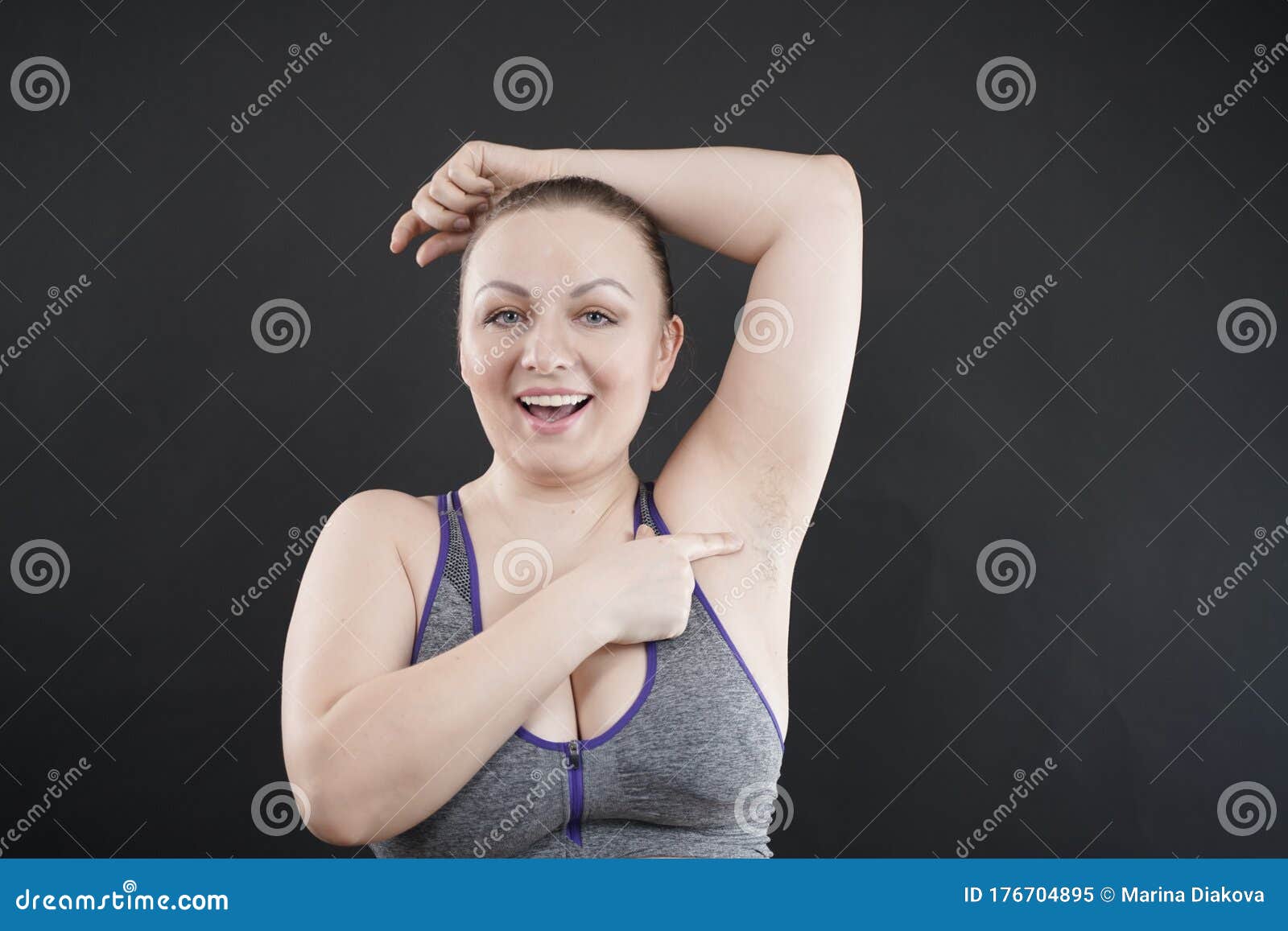 Young Happy Plus Size Caucasian Woman Shows Unshaved Armpit Stock Image - of hairy, finger: 176704895